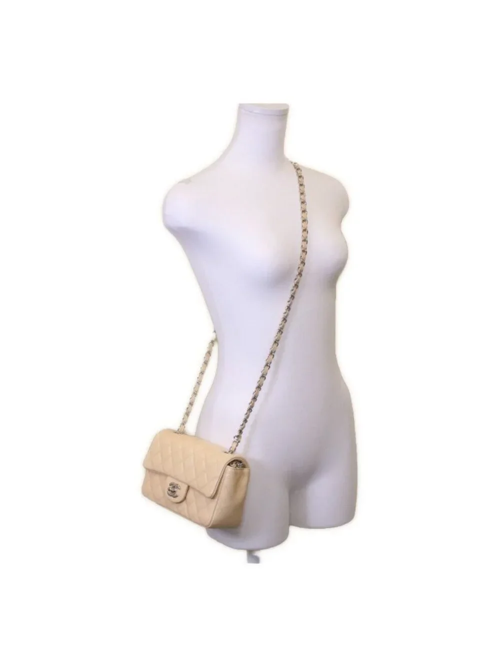 Chanel Beige Caviar Silver Mini Quilted 20 Shoulder Bag
